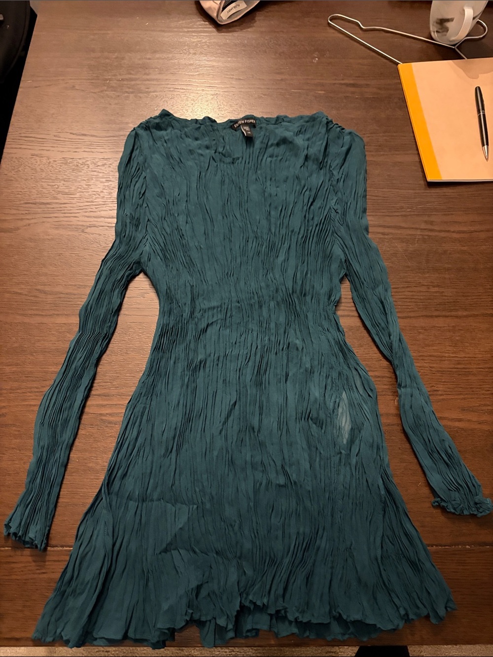 Eileen Fisher Teal Crinkle Long Sleeve Dress